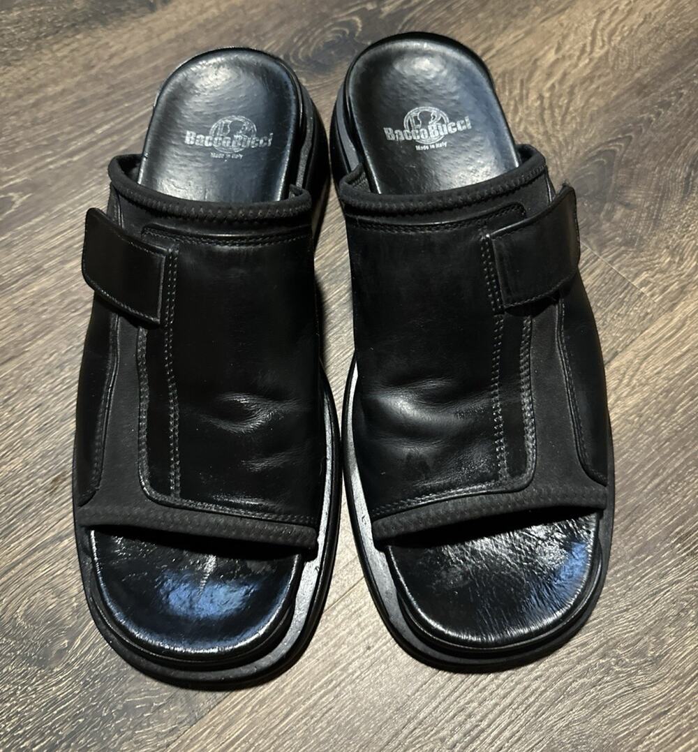 Bacco Bucci Black Leather Slide Sandals Men’s SZ 9 Made In Italy